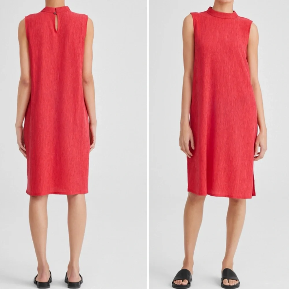 Eileen Fisher Orange Woven Plissé Mock Neck Dress| Sz S/P Pre Owned condition - Picture 1 of 13